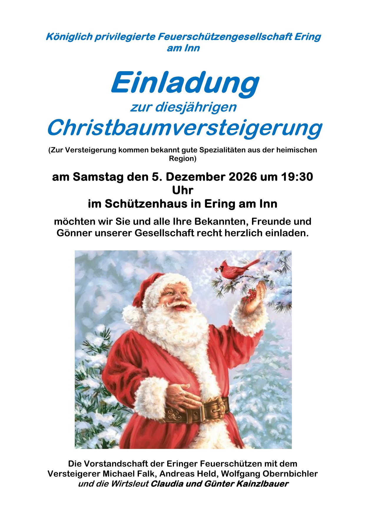 Plakat: Einladung zur Christbaumversteigerung am Samstag, 5. Dezember 2026, 19:30 Uhr im Schützenhaus Ering am Inn